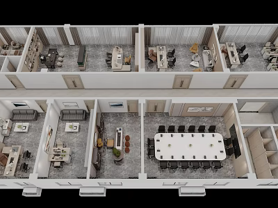 Birds Eye View Of Modern Office Floor Plan With Multiple Workspaces And Meeting Rooms 3d model