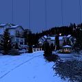 Snowy Winter Landscape With Snow Covered Houses Trees And Starry Night Sky