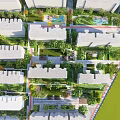Lush Residential Landscape With Green Lawns Trees Paths And Modern Buildings