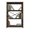 Classic Dark Wooden Bookshelf With Cross Brace Design And Stacked Books
