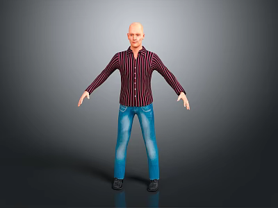 Bald Man Wearing Red Black Striped Shirt Blue Jeans Black Shoes Arms Outstretched Gray Background 3d model
