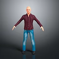 Bald Man Wearing Red Black Striped Shirt Blue Jeans Black Shoes Arms Outstretched Gray Background