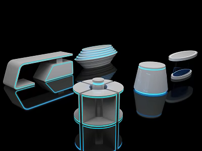 Modern Display Shelves With Round Curved Rectangular Shapes And Reflective LED Lighting 3d model