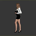 Professional Woman In White Shirt And Black Skirt Holding Folder Standing Against Gray Background