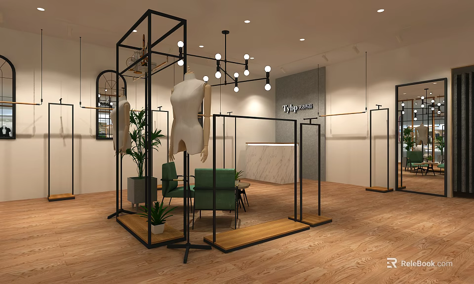 Modern Clothing Store Interior With Metal Display Racks Mannequins Chandeliers Green Chairs And Wooden Floors 3d model 