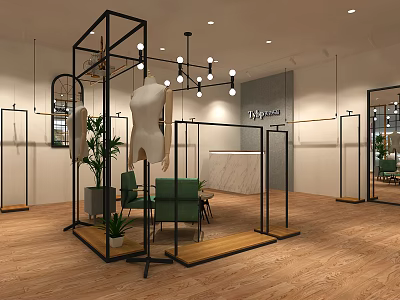 Modern Clothing Store Interior With Metal Display Racks Mannequins Chandeliers Green Chairs And Wooden Floors 3d model