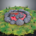 Outdoor Campsite Featuring Stone Fire Pit with Burning Flames and Green Grass 3d model