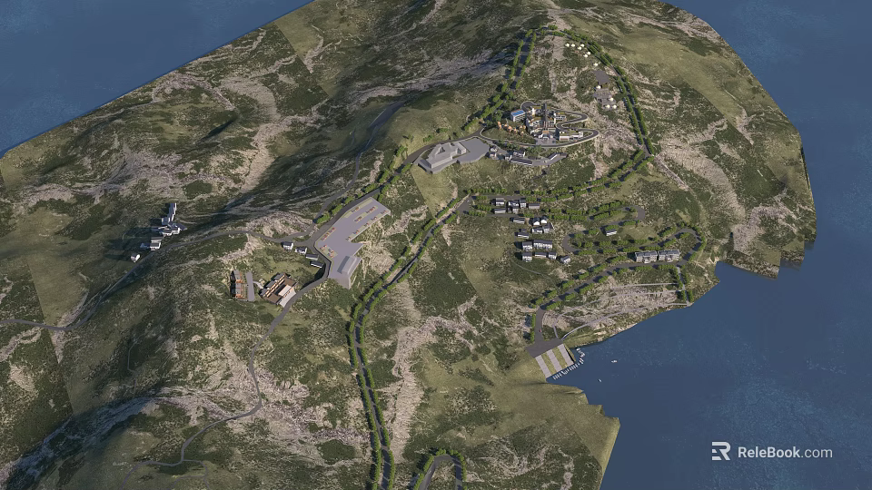 Scenic Hotel Building on Island Hill Surrounded by Roads and Other Buildings 3d model 