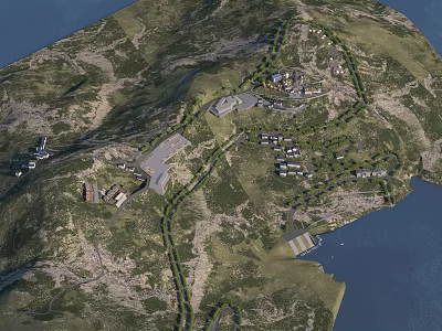 Scenic Hotel Building on Island Hill Surrounded by Roads and Other Buildings 3d model