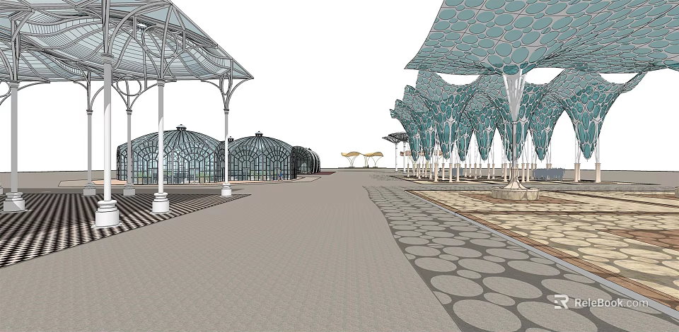 Modern Outdoor Pergolas With Unique Glass Roof And Paved Walkway Design 3d model 