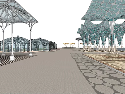 Modern Outdoor Pergolas With Unique Glass Roof And Paved Walkway Design 3d model