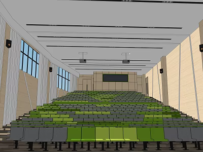 Large Conference Room With Stepped Green Gray Seats Front Screen Windows And Ceiling Lights 3d model