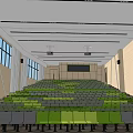 Large Conference Room With Stepped Green Gray Seats Front Screen Windows And Ceiling Lights