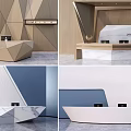 Modern Geometric Reception Desk Design With Wooden Elements White Countertop And Office Equipment
