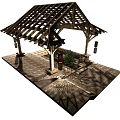 Wooden Pergola With Sloped Roof Stone Slab Floor And Green Plant