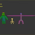 Blue Character with Yellow Crown Red Small Creature and Green Long Armed Figure