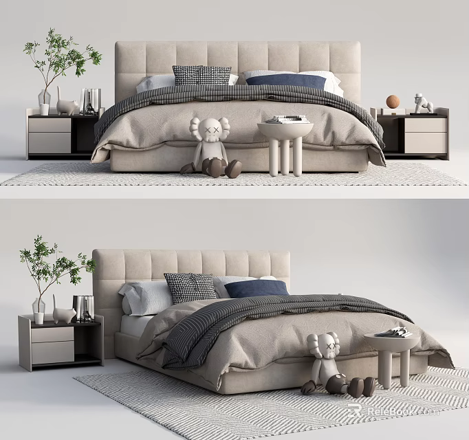 Beige Upholstered Double Bed with Gray Blue Bedding Nightstands and Teddy Bear 3d model 