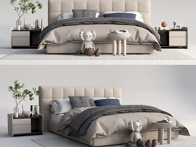 Beige Upholstered Double Bed with Gray Blue Bedding Nightstands and Teddy Bear 3d model