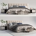 Beige Upholstered Double Bed with Gray Blue Bedding Nightstands and Teddy Bear