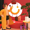Cartoon Scene Featuring Character Wearing Headphones Yellow Robe Red Sofa Yellow Smiley Face Green Plants