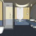 Hotel Bathroom Interior With Yellow Blue Tiles Glass Shower Double Vanities Round Mirrors