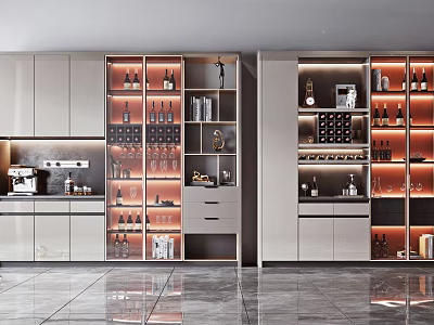 Modern Wine Cabinet With LED Lighting And Multiple Shelves For Storing Wine Bottles And Glassware 3d model