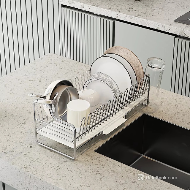 Stainless Steel Dish Rack for Kitchen Countertop with Plates Bowls and Cups 3d model 