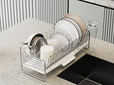 Stainless Steel Dish Rack for Kitchen Countertop with Plates Bowls and Cups 3d model