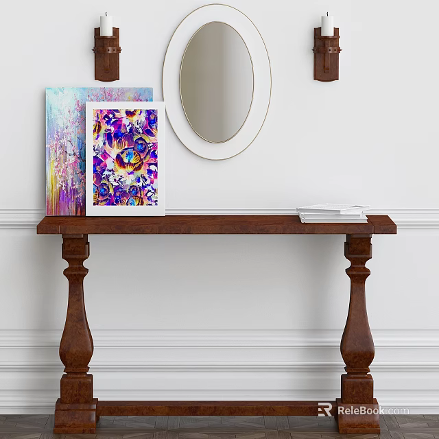 Wooden Console Table With Carved Legs Colorful Paintings And Round Mirror 3d model 