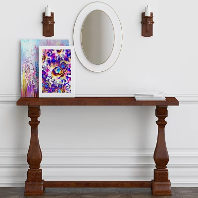 Wooden Console Table With Carved Legs Colorful Paintings And Round Mirror 3d model