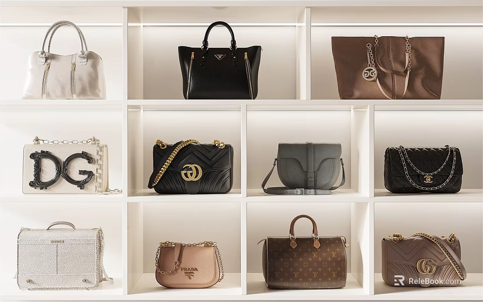 Stylish Designer Handbags In Various Colors And Styles On White Shelves 3d model 
