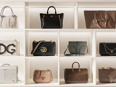 Stylish Designer Handbags In Various Colors And Styles On White Shelves 3d model