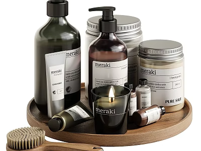 Daily Cleaning Products Including Meraki Bottles Jars Candle And Brush On Wooden Tray 3d model