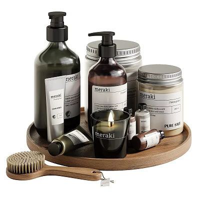 Daily Cleaning Products Including Meraki Bottles Jars Candle And Brush On Wooden Tray 3d model