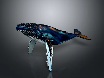 Whale Sculpture Featuring Deep Blue Black with Orange Accents Metallic Texture on Metal Stand Base 3d model