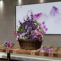 Basket with Purple and Pink Flowers on Wooden Table Painting Purple Mountains Flying Birds