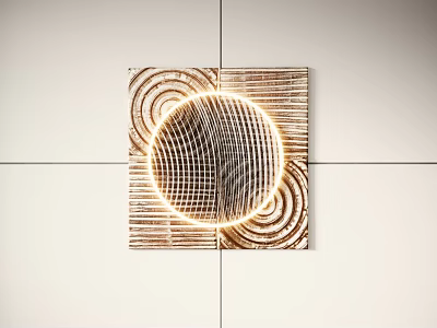 Square Framed Wall Decor with Circular Grid and Spiral Wood Grain Pattern on Light Wall 3d model