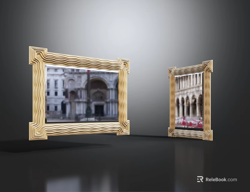 Two Mirrors with Golden Wavy Frames Reflecting Classical Buildings on Dark Floor 3d model 