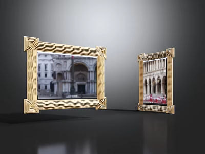 Two Mirrors with Golden Wavy Frames Reflecting Classical Buildings on Dark Floor 3d model