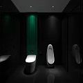Modern Public Restroom Interior With Black Tiles Green Accent And White Fixtures