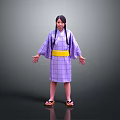 Woman in purple plaid kimono with yellow obi and geta arms outstretched against gray background