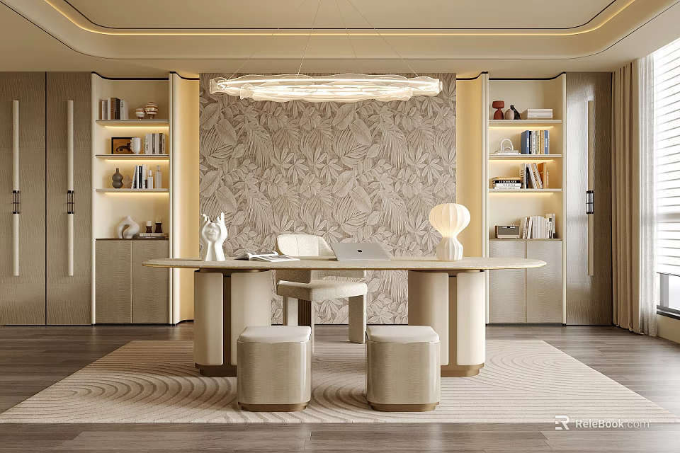 Modern Elegant Restaurant Interior With Round Dining Table Beige Stools Patterned Wallpaper And Bookshelves 3d model 