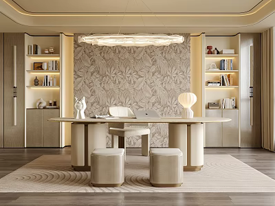 Modern Elegant Restaurant Interior With Round Dining Table Beige Stools Patterned Wallpaper And Bookshelves 3d model