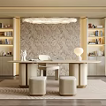 Modern Elegant Restaurant Interior With Round Dining Table Beige Stools Patterned Wallpaper And Bookshelves