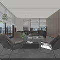 Modern Bright Executive Office With Floor To Ceiling Windows And Comfortable Lounge Overlooking City Skyline