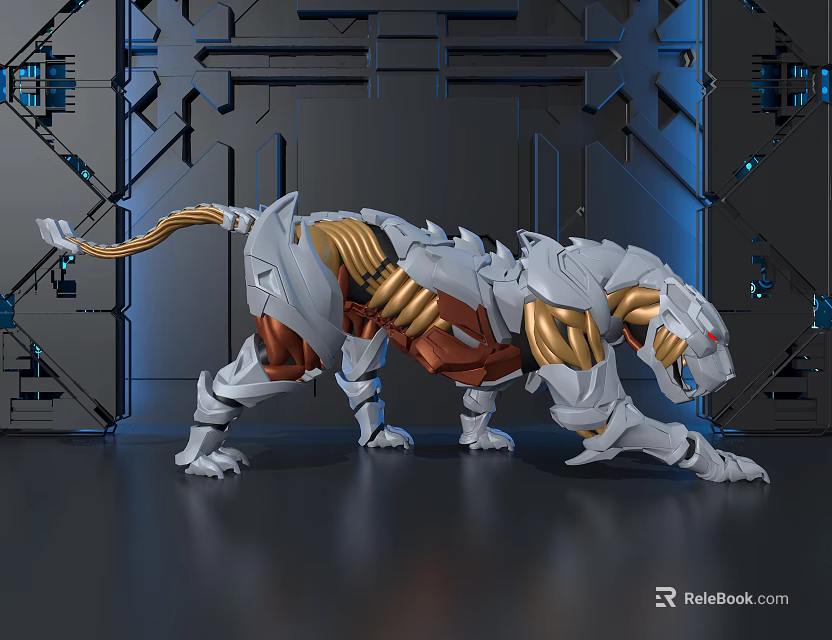 White And Gold Mechanical Tiger Decorative Ornament Set With Metallic Structure And Futuristic Blue Lighting 3d model 