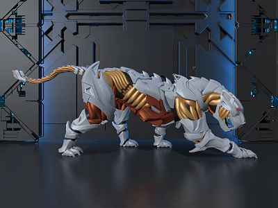 White And Gold Mechanical Tiger Decorative Ornament Set With Metallic Structure And Futuristic Blue Lighting 3d model
