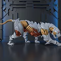 White And Gold Mechanical Tiger Decorative Ornament Set With Metallic Structure And Futuristic Blue Lighting
