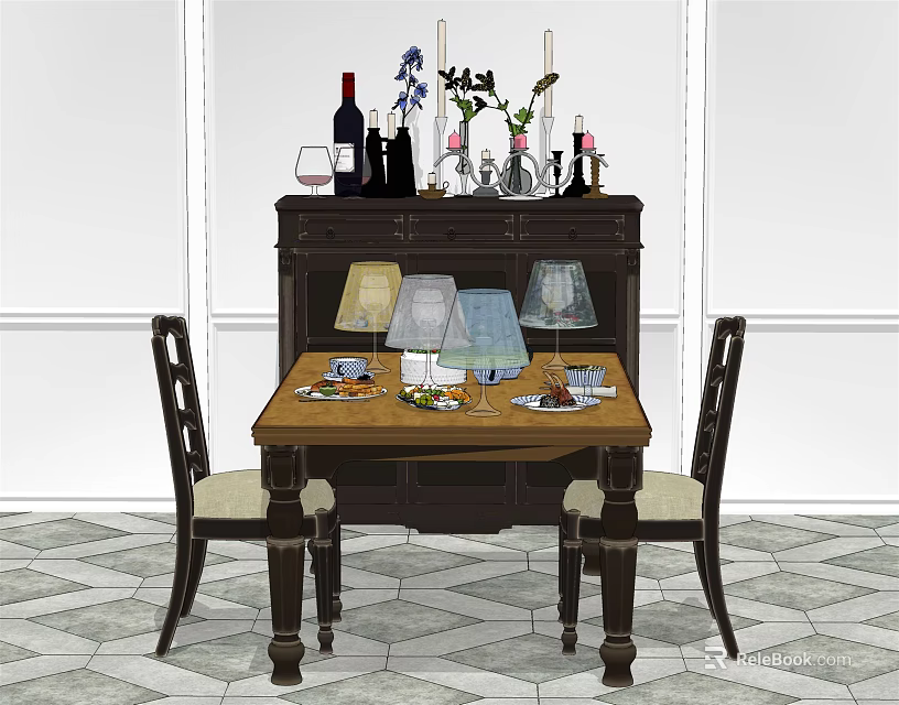 Elegant Dining Table Set With Chairs Cabinet Tableware And Decorative Items 3d model 