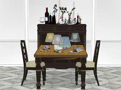 Elegant Dining Table Set With Chairs Cabinet Tableware And Decorative Items 3d model